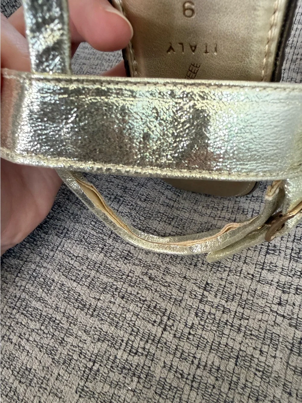 Gold and Brown Strapped High Heeled Wedge Sandals by Italian Shoemakers Size 9